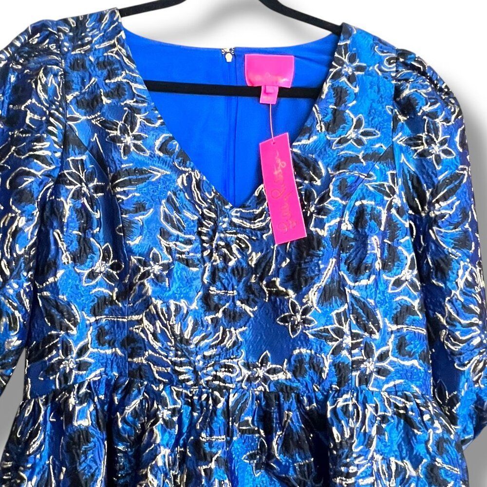 NWT Lilly Pulitzer CALYSSA DRESS Blue Grotto Twilight Floral Brocade Party Sz 16 - Picture 3 of 9